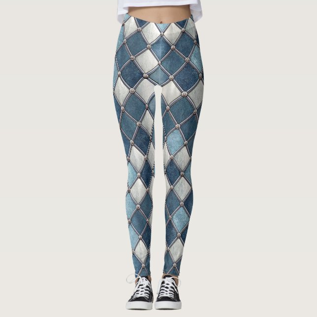 Metallisk Blå Diamant - Geometrisk Industriell Leggings (Framsida)