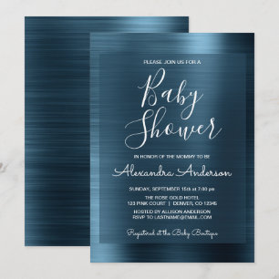 Metallisk blå folie baby shower inbjudan