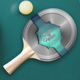 Metallisk blågrön stål trompe l’œil  Monogram   Pingisracket