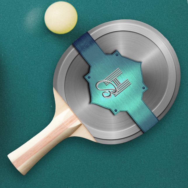 Metallisk blågrön stål trompe l’œil  Monogram   Pingisracket (Skapare uppladdad)