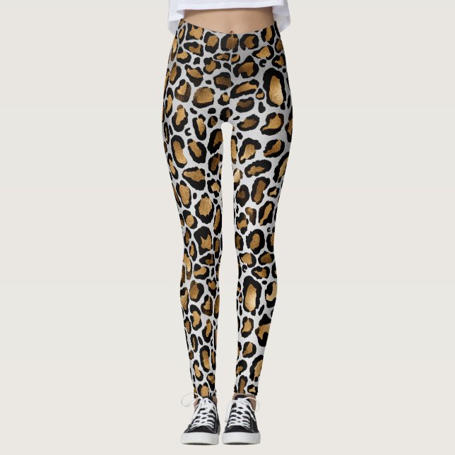 Metallisk bronze och svarta leopardfläckar på vitt leggings (Framsida)