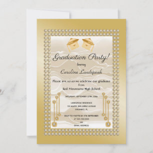 Metallisk Cream Silke & Pearls Student Guld Inbjudningar