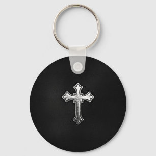 Metallisk crucifix på svart läder nyckelring