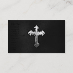 Metallisk crucifix på svart läder visitkort