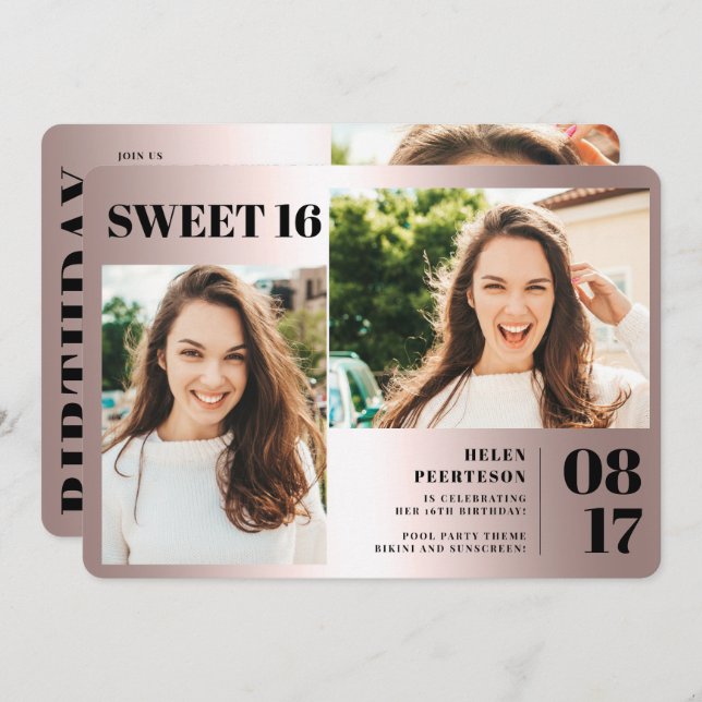 Metallisk fet ro 3 foton Söt 16 födelsedag Inbjudningar (Fram/baksida)