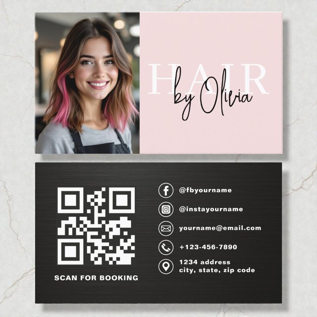Metallisk Foto QR-kod Frisör Rosé Visitkort (Skapare uppladdad)