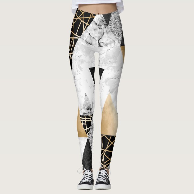 Metallisk geometri: Marble Guld Silver Leggings (Framsida)