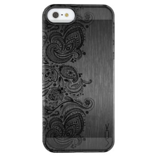 Metallisk Grått Brushed Aluminium Black Paisley Sn Clear iPhone SE/5/5s Skal