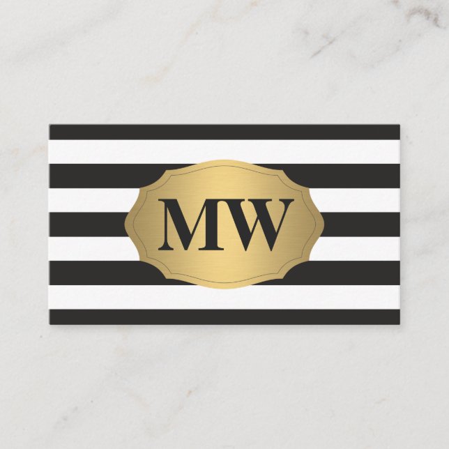 Metallisk Guld-etikett Black White Rand Monogram Visitkort (Framsida)