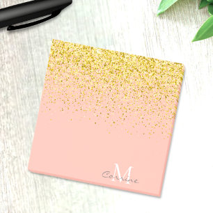 Metallisk Guld Glitter Rain + Ro Quartz Monogram Post-it Block