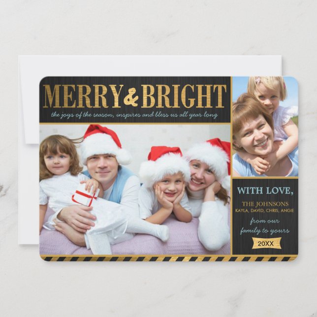 Metallisk Guld Merry och Bright Helgdag Card Julkort (Framsida)