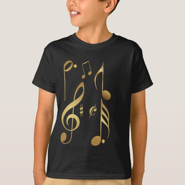 Metallisk Guld Musik noter T Shirt (Framsida)
