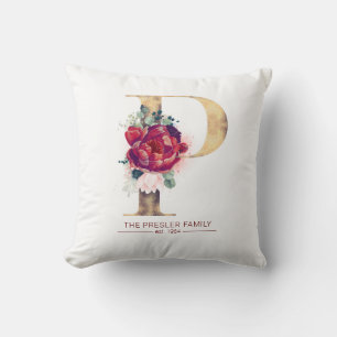 Metallisk Guld P Monogram Blommigt Burgundy Red Kudde