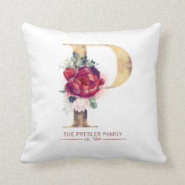 Metallisk Guld P Monogram Blommigt Burgundy Red Kudde