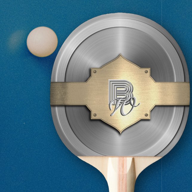 Metallisk guld stål trompe l'oeil Monogram   Pingisracket (Skapare uppladdad)