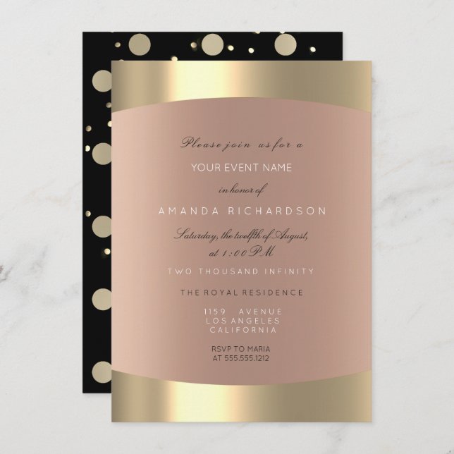 Metallisk Guld Svarta Prickar Sepia Ros Rodnad Inbjudningar (Fram/baksida)