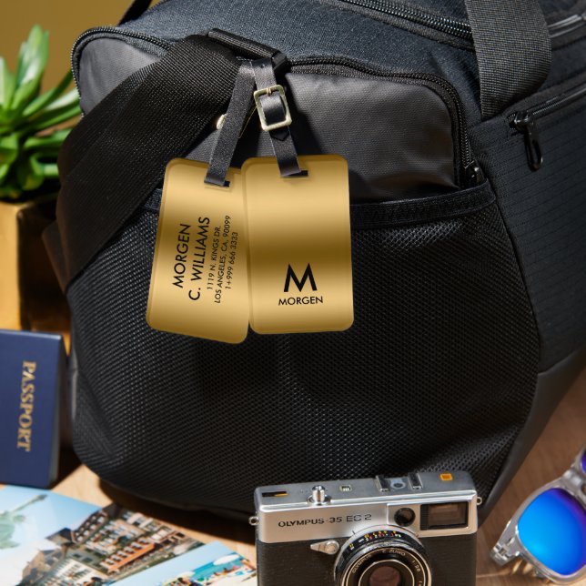 Metallisk guldtextur monogram bagagebricka (Fram & Baksida)