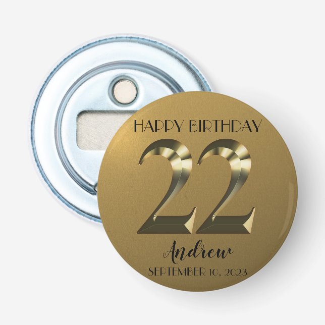 Metallisk gyllene 22-årsdag flasköppnare (Framsidan)