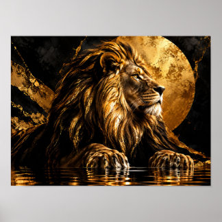 Metallisk gyllene lejon i månsken poster