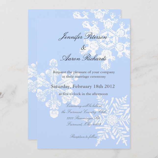 Metallisk inbjudan för vinterSnowflakebröllop (Fram/baksida)