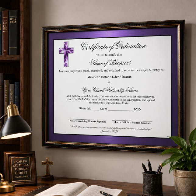 Metallisk Lila Äldste Ordinationsbevis (Foil is simulated in artwork, no metal is used in this product. Framed image is enlarged for detail.)