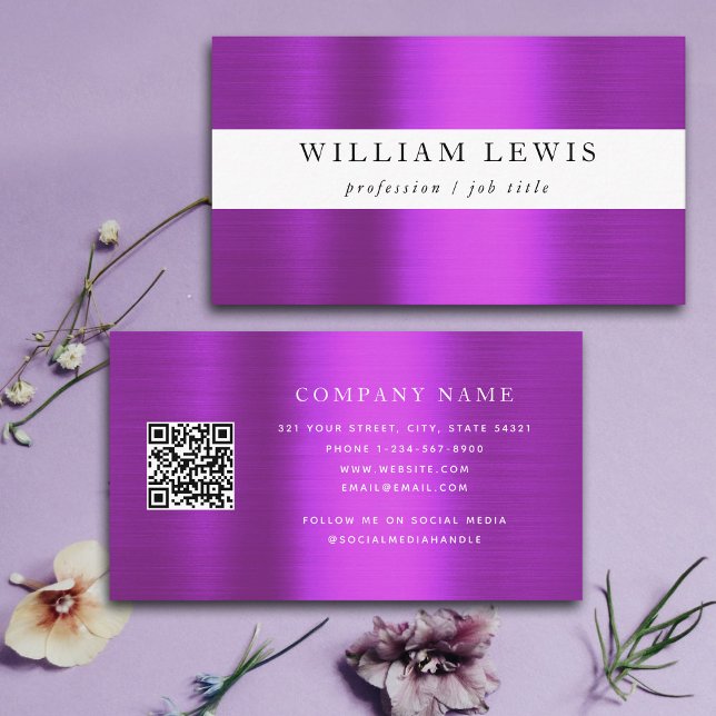 Metallisk Lila Professionell QR Code Social Media Visitkort (Metallic Purple Professional QR Code Social Media Business Card)