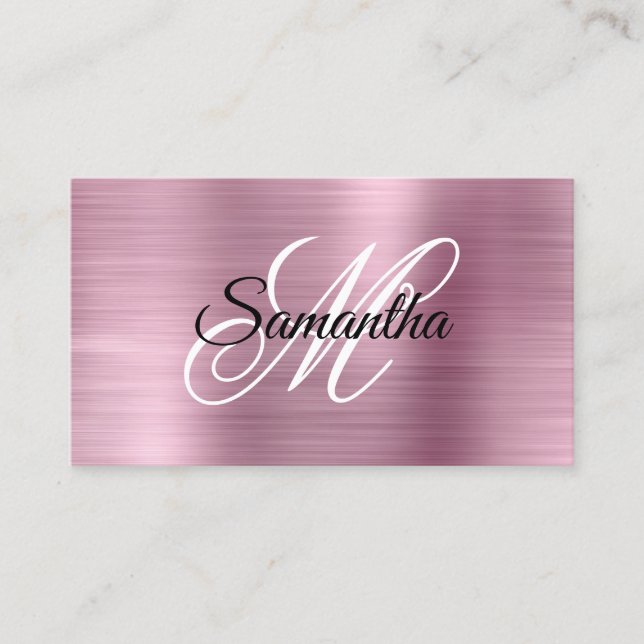 Metallisk ljusrosa folie fancy monogram visitkort (Framsida)