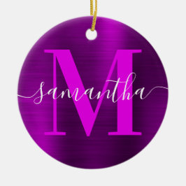Metallisk Magenta Lila Namnteckning Monogram Photo Julgransprydnad Keramik