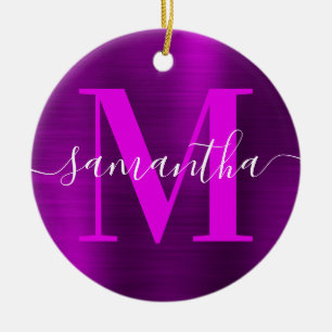 Metallisk Magenta Lila Signatur Monogram Foto Julgransprydnad Keramik