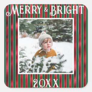 Metallisk merry & Bright Photo Red Grönt Fyrkantigt Klistermärke