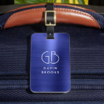 Metallisk, modern, marin, blå, brusherad glasruta bagagebricka<br><div class="desc">Elegant Modern Monogrammed Monogram Navy Blue Brushed Metallic Bag Märkre</div>