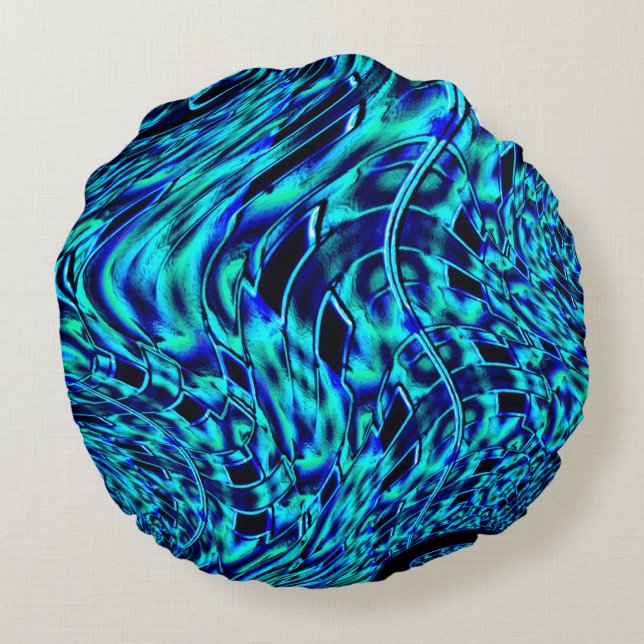 Metallisk och krokad illusion, blå till grönt-bild rund kudde (Baksidan)