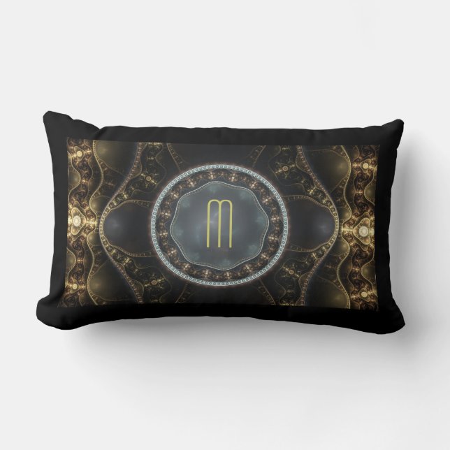 Metallisk ornat Steampunk Fractal Monogram Lumbarkudde (Framsida)