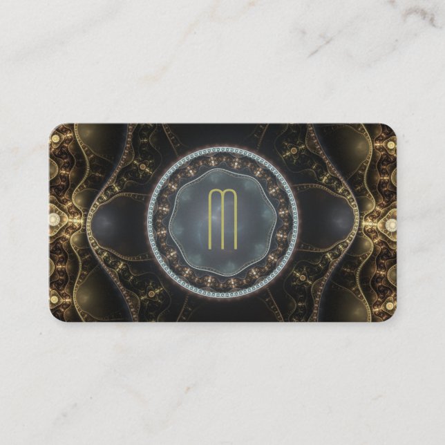 Metallisk ornat Steampunk Fractal Monogram Visitkort (Framsida)
