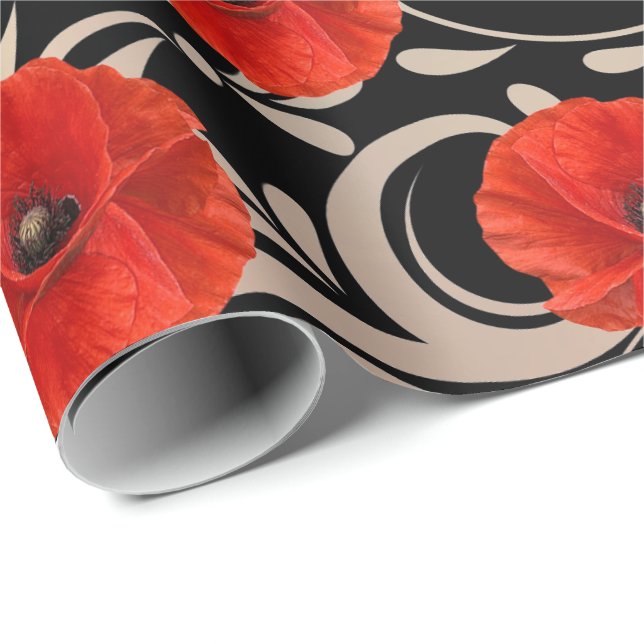 Metallisk poppy Red Flower Black White Glam Presentpapper (Rullad Hörn)