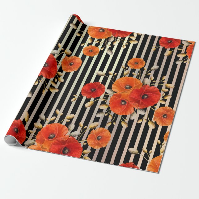 Metallisk Rand av poppy Red Flower Black White Gla Presentpapper (Utrullad)
