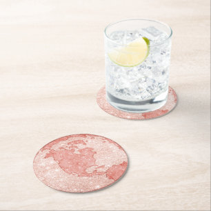 Metallisk Ro Guld Glitter + Rosa Marble Globe Underlägg Papper Rund