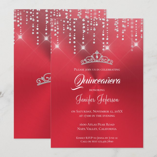 Metallisk röd glitter Quinceanera Inbjudan (Fram/baksida)