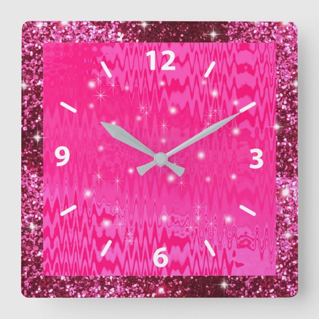 Metallisk, Rosa Glitter, & Gnistra, Anpassningsbar Fyrkantig Klocka (Framsida)