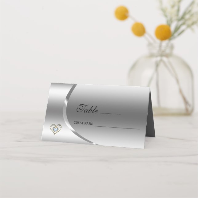 Metallisk Silver-bakgrund med diamanter i hjärtat Placeringskort (Framsida)