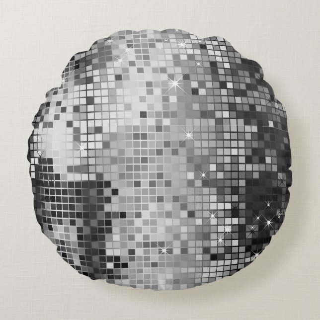 Metallisk Silver-sequins Disco Glitter Pixel Art Rund Kudde (Framsidan)