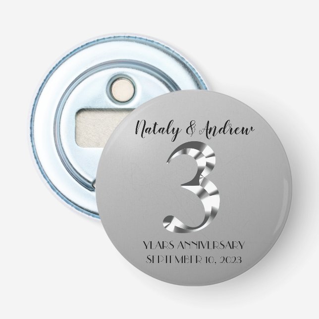 Metallisk silver tredje bröllopsjubileum flasköppnare (Framsidan)
