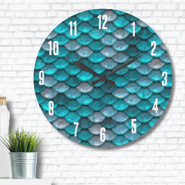 Metallisk turkos Teal Sjöjungfru Scales Mönster Stor Klocka