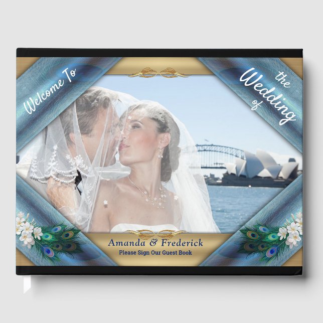 Metalliska blåa gröntar Peacocks på Emerald Grönt  Gästböcker (Framsida)