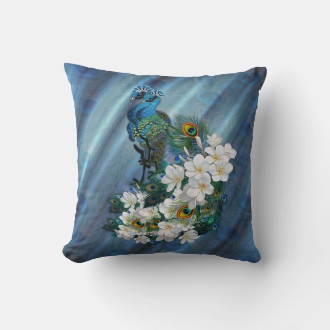 Metalliska blåa gröntar Peacocks på Emerald Grönt  Kudde (Framsida)