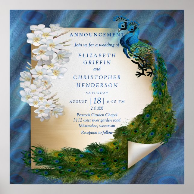 Metalliska blåa gröntar Peacocks på Emerald Grönt  Poster (Framsidan)