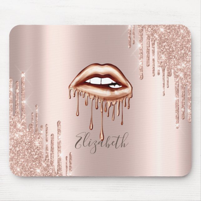 Metalliska droppande läppar, Rose Gold Glitter Dro Musmatta (Framsidan)