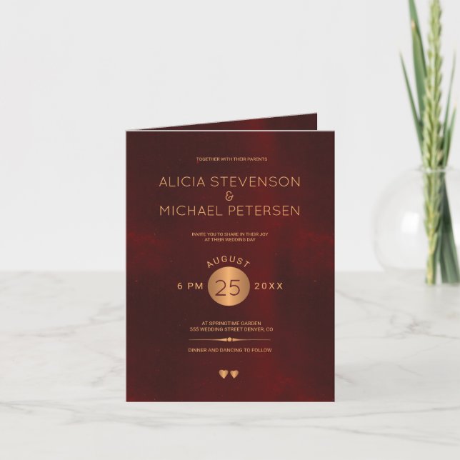 Metalliska flott burgundy förkopprar guld- inbjudan (Framsida)