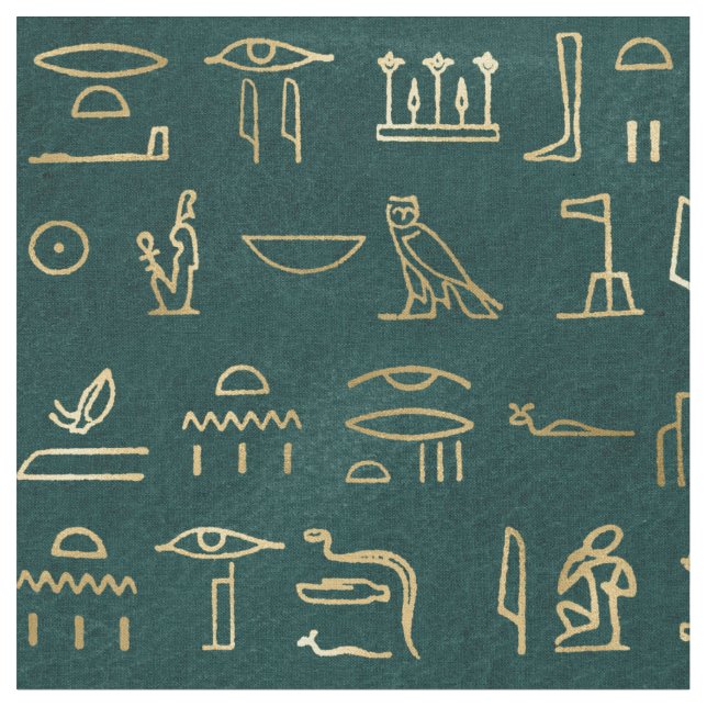 Metalliska Guld-egyptiska Hieroglyfer på Forest Gr Tyg (Närbild)
