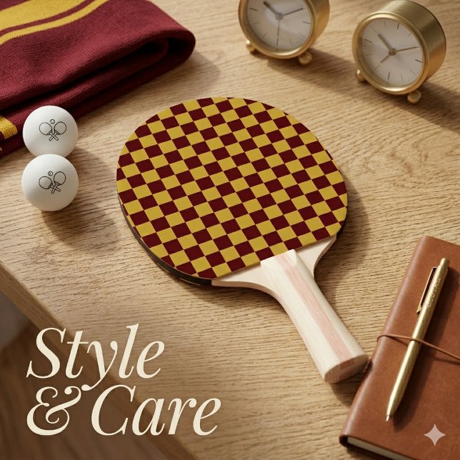 Metalliskt guld med vinröd fyrkantig mönsterstil pingisracket (Metallic Gold with Maroon Square Style Pattern Ping Pong Paddle)